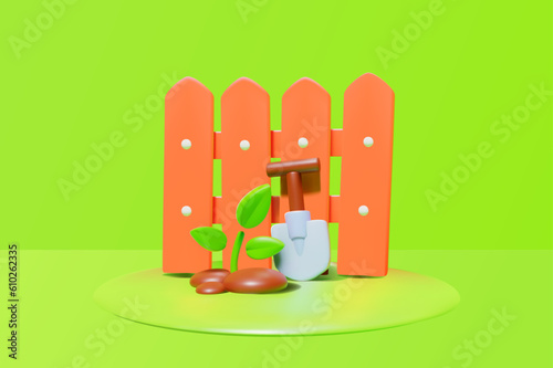 Composition of fence, shovel and planted sprout. 3D low poly vector.