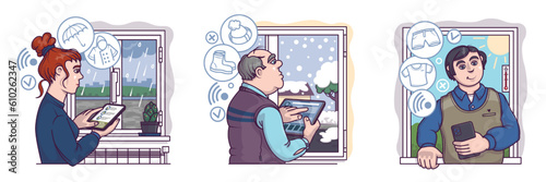 Set of different buyers searching for clothes. Lady holding smartphone and looking at clothes for rain. Male order winter boots and hat, man looking at summer clothes. Flat vector illustration