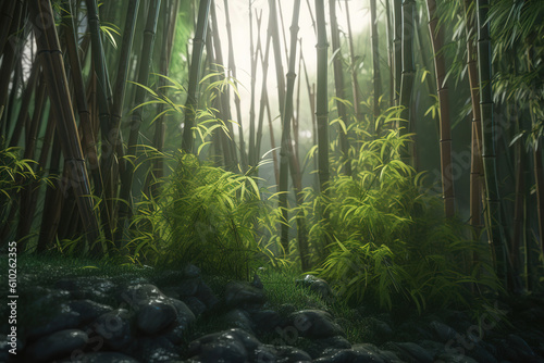 Bamboo Forest in Sunlight.Generative Ai