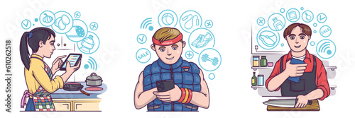 Set of young people holding mobile phone and selects products in online store. Sporty man choosing sport goods. Male and woman ordering food. Flat vector illustration in blue colors