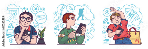 Set of cartoon characters holding smartphones and buying sport products. Football player chooses sportswear, shoes and equipment. Hockey player chooses goods. Flat vector illustration