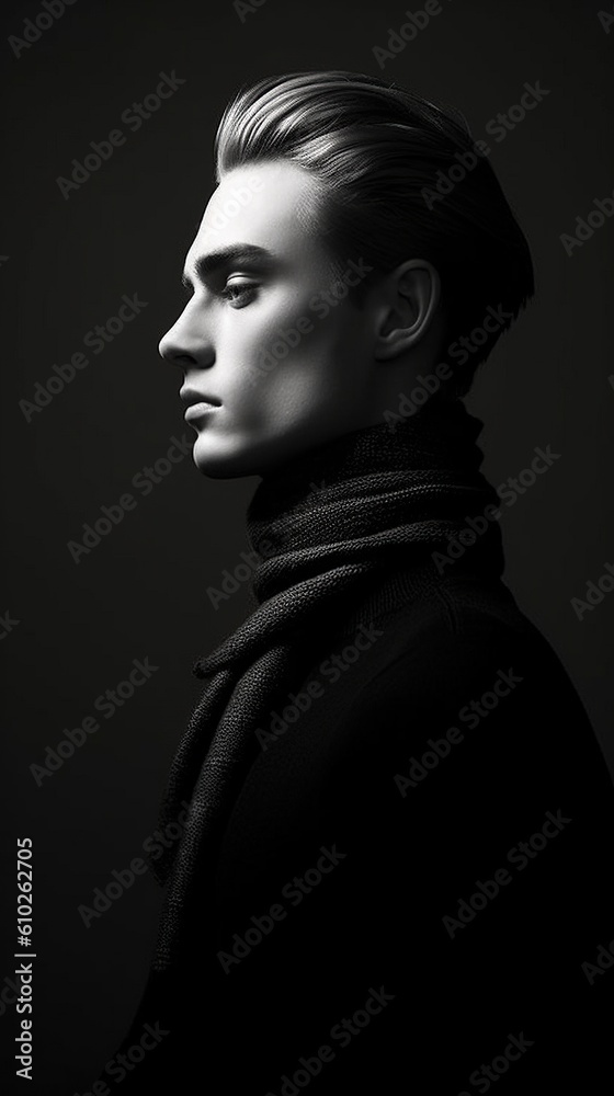 An illustration of a fashion portrait of a man combined with abstract art., AI Generated.