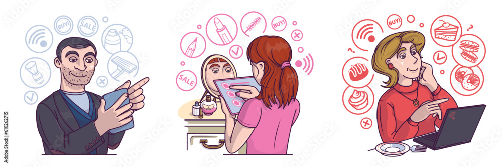 Set of buyers ordering goods, shopping online. Man choosing shave products. Woman doing make up and select cosmetic products. Woman ordering dessert. Flat vector illustration Set of buyers ordering goods, shopping online. Man choosing shave products. Woman doing make up and select cosmetic products. Woman ordering dessert. Flat vector illustration