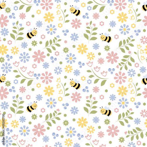 Wallpaper Mural Cute hand drawn spring summer flowers and bees. Seamless floral pattern. Fabric design with simple flowers. Bright repeated pattern fabric cloth wallpaper wrap paper. Torontodigital.ca