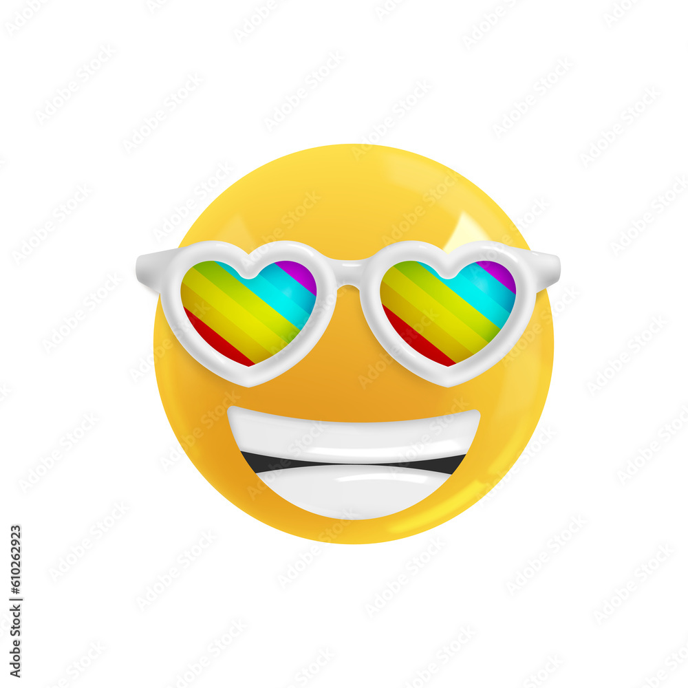 Emoji face cheerful naughty in bright glasses. Realistic 3d Icon. Render of yellow glossy color emoji in plastic cartoon style isolated on white background. PNG. Illustration Emoji face cheerful naughty in bright glasses. Realistic 3d Icon. Render of yellow glossy color emoji in plastic cartoon style isolated on white background. PNG. Illustration