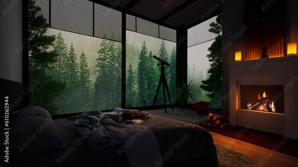 Cosy and warm atmosphere in the house with a burning fireplace overlooking the forest and rain from the window.
3D animation. The concept of rest, peace and relaxation.