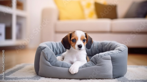 A Cute and Funny Puppy Finds Relaxation in its Dog Bed. Generative AI