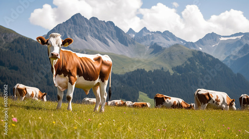 A Cow Enjoys Grazing in the Idyllic Alpine Meadow. Generative AI
