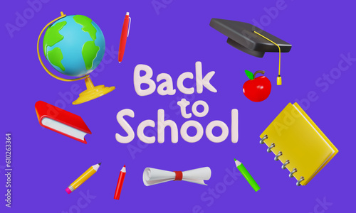 Banner back to school. Group of elements globe, bonnet, pen, book, textbook, notepad, pencil. Vector 3d illustration on isolated background