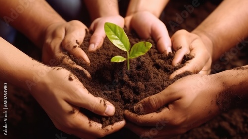 Hands of business people seeding a young plant. Generative AI