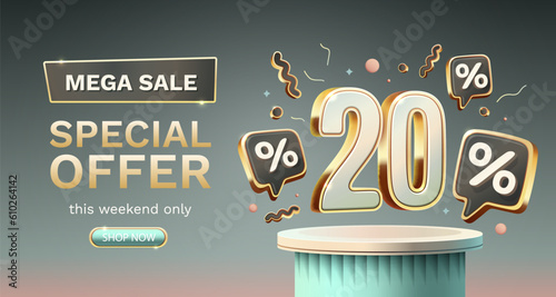 Save offer, 20 off sale banner. Sign board promotion. Vector illustration