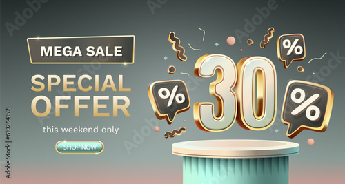 Save offer, 30 off sale banner. Sign board promotion. Vector illustration