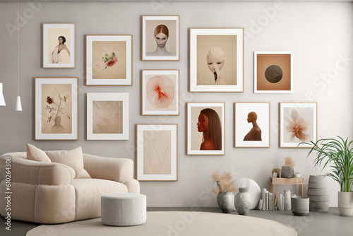 Art wall in a living room area with frames on it. Home decoration concept.  © JuanM