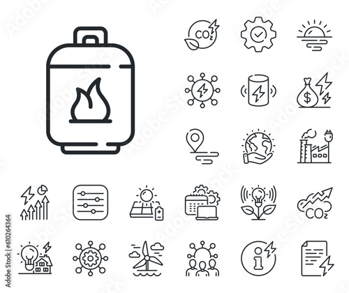 LPG fuel container sign. Energy, Co2 exhaust and solar panel outline icons. Gas cylinder line icon. Liquefied petroleum gas bottle symbol. Gas cylinder line sign. Vector