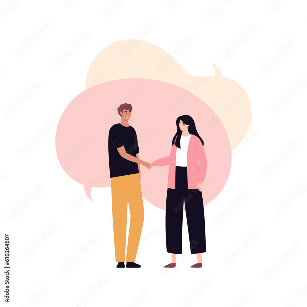Soft skill for business concept collection. Vector flat character illustration. Communication. Man and woman handshake with speech bubble on background. Design for corporate training, business Soft skill for business concept collection. Vector flat character illustration. Communication. Man and woman handshake with speech bubble on background. Design for corporate training, business