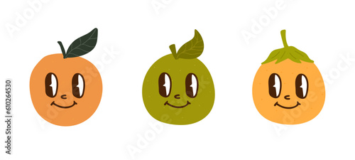 Comic happy fruit and berry character set. Groovy retro, vintage orange, apple and yellow berry. Psychedelic Y2K trendy food stickers (Full Vector)
