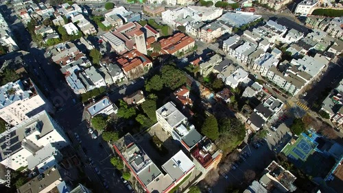 Aerial Tilt Up Shot Of Buildings In Suburb Near Sea Against Blue Sky, Drone Flying Over Cityscape On Sunny Day - San Francisco, California