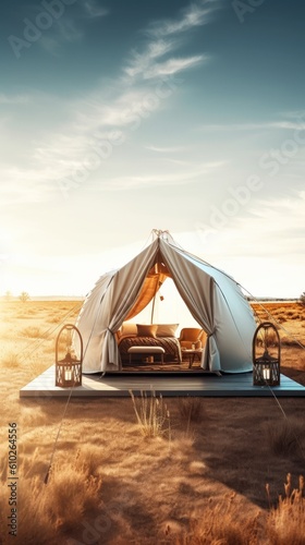 Minimalist glamping concept with luxurious and glamorous camping. Generative AI