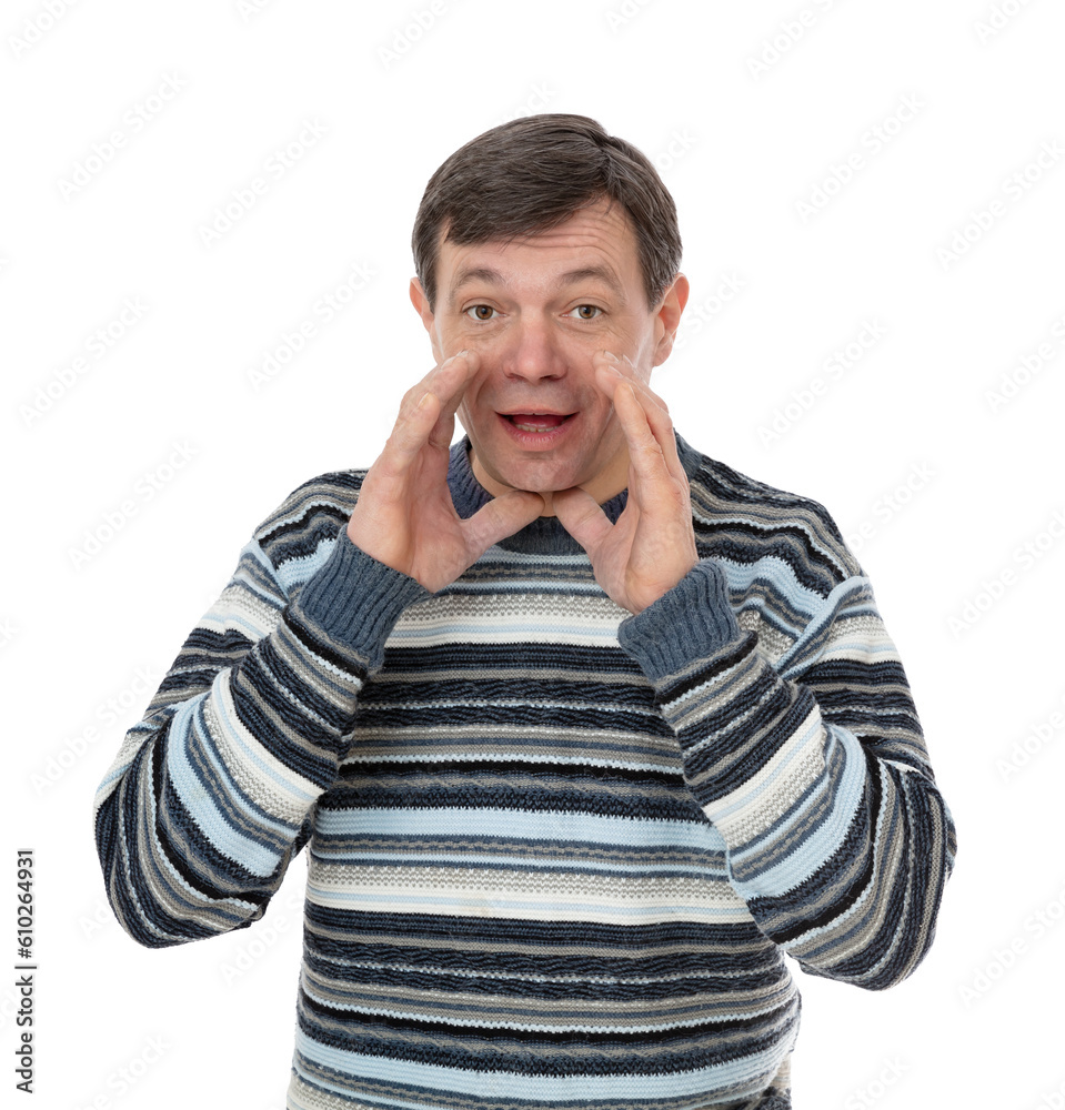 Portrait of fifty year old guy shouting out loud with hands over mouth, isolated on white background. Brunette man in striped sweater posing in studio. Portrait of fifty year old guy shouting out loud with hands over mouth, isolated on white background. Brunette man in striped sweater posing in studio.