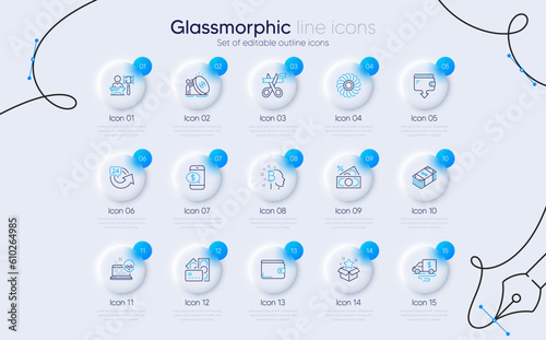 Set of Phone payment, Usd currency and Fan engine line icons for web app. Cash transit, 24 hours, Money icons. Money tax, Loyalty program, Cyber attack signs. Bitcoin think, Auction, Inflation. Vector
