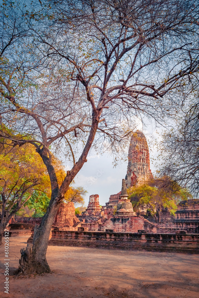 Colorful spring view of ruins of the ancient Buddhist temple Wat Phra Ram. Captivating morning scene of Ayutthaya, Thailand, Asia. Traveling concept background.