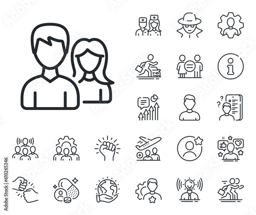 Users Group or Teamwork sign. Specialist, doctor and job competition outline icons. Couple line icon. Male and Female Person silhouette symbol. Couple line sign. Vector