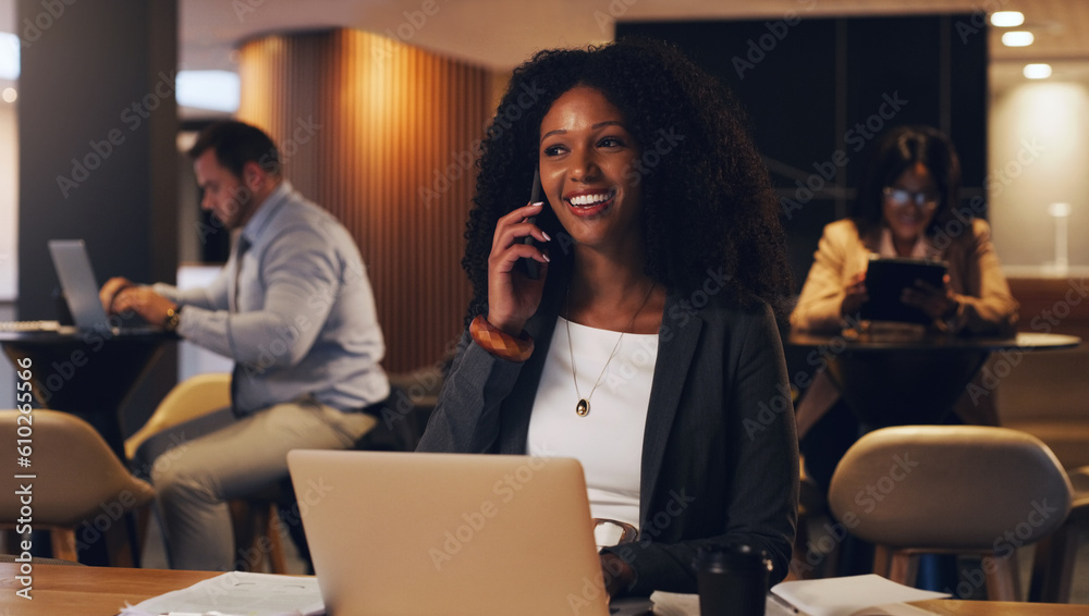 Business phone call, smile or networking woman speaking, talking or negotiation offer with online investment contact. Coworking lounge, laptop and happy person, seller or mobile user in consultation