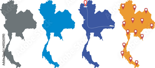 Thailand country map with 3 colors and destination dots vector illustration collection