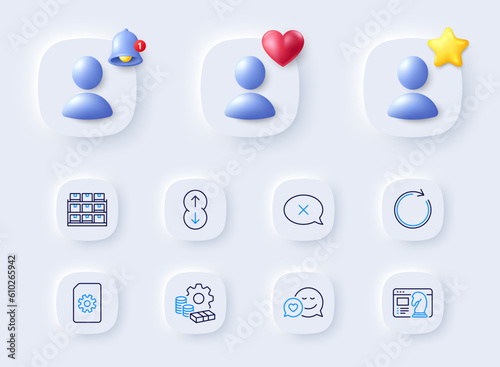 Storage, File management and Dating line icons. Placeholder with 3d bell, star, heart. Pack of Money, Synchronize, Seo strategy icon. Reject, Scroll down pictogram. For web app, printing. Vector