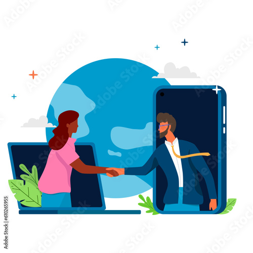 two people shaking hands, with a laptop, smartphone, and globe as a background