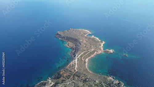 Aerial view over the rocky cape at Plytra in Laconia, Peloponnese, Greece photo