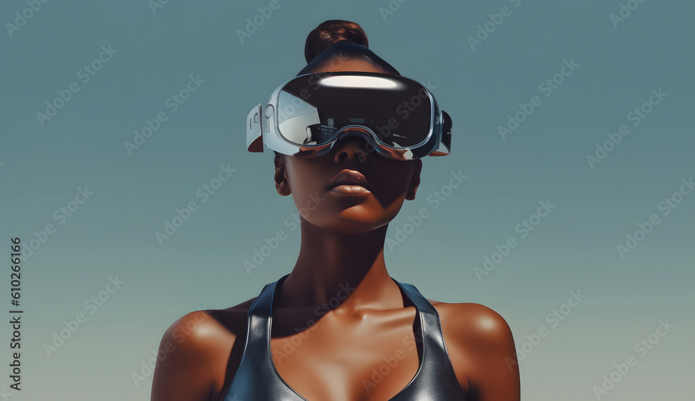 Black woman in a futuristic VR headset designed like a reflective mirror. Retrofuturism and virtual realms in the desert under the sun. Generative ai. Black woman in a futuristic VR headset designed like a reflective mirror. Retrofuturism and virtual realms in the desert under the sun. Generative ai.