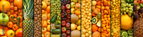 Variety of fruits and vegetables  fruits and veggies  fruit market texture pattern banner. Generative Ai.