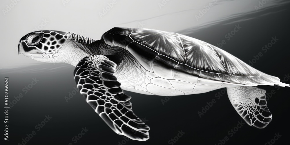 Black and white portrait, close-up of a sea turtle, turtle, caretta ...