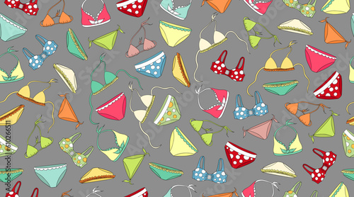 Swimsuit background. Bikini swimming suits pattern. Female swimwear, beach clothing underwear. Textile, fabric texture. Many types swimsuits. Female swimwear, beach clothing underwear, swimming suits