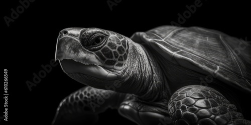 Black and white portrait, close-up of a sea turtle, turtle, caretta caretta, black and white background, Generative AI