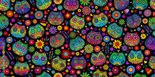 Day of the Dead skulls pattern. Day of the dead sugar skull cats. Mexican dead cat. Dia de los muertos print. Day of the dead and Mexican tradition festival. Dia de los Muertos tattoo skulls.