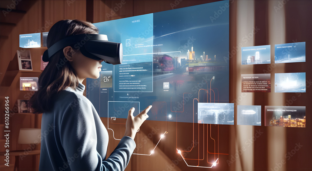 Woman using VR headset and looking on virtual ar user interface (UI ...