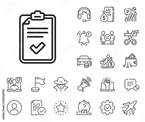 Survey report sign. Salaryman, gender equality and alert bell outline icons. Checklist line icon. Business review symbol. Checklist line sign. Spy or profile placeholder icon. Vector