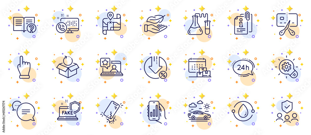 Outline set of Chemistry lab, 24h service and Attached info line icons for web app. Include Online rating, Car travel, Cogwheel pictogram icons. Bankrupt, Click hand, Analysis app signs. Vector Outline set of Chemistry lab, 24h service and Attached info line icons for web app. Include Online rating, Car travel, Cogwheel pictogram icons. Bankrupt, Click hand, Analysis app signs. Vector