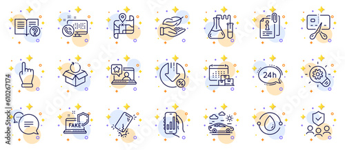 Outline set of Chemistry lab, 24h service and Attached info line icons for web app. Include Online rating, Car travel, Cogwheel pictogram icons. Bankrupt, Click hand, Analysis app signs. Vector