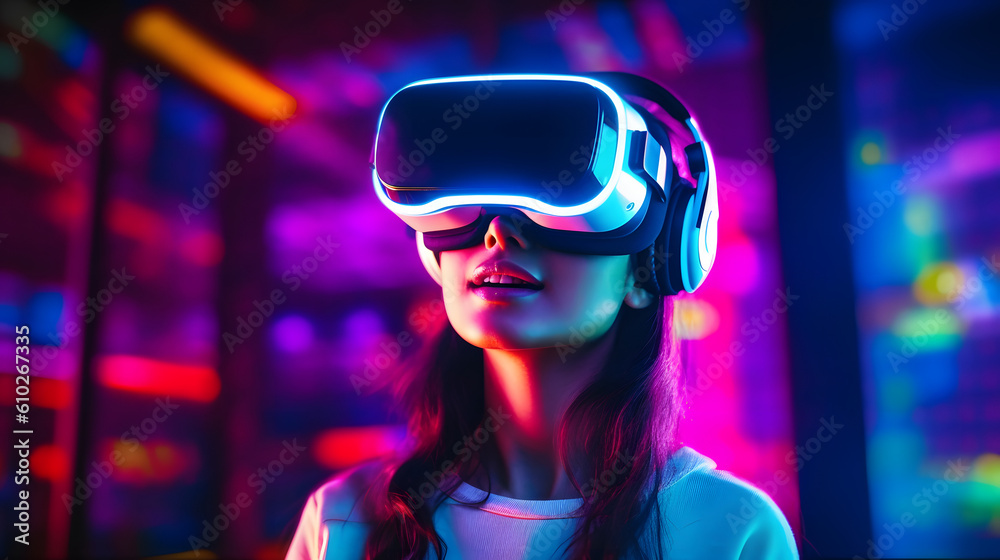 Woman wearing virtual reality headset in futuristic environment Woman wearing virtual reality headset in futuristic environment