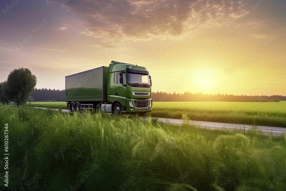 Transport truck driving through a blurred green meadow at sunset. Generative AI