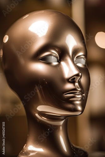 Golden mannequin head of a female model in sepia tone, with shiny and captivating eyes. Generative AI