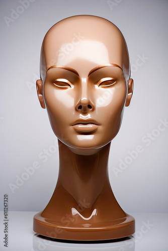 Mannequin head of a female model in sepia tone, with shiny and captivating eyes. Generative AI