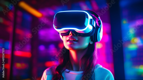 Woman wearing virtual reality headset in futuristic environment