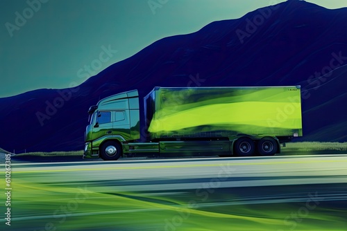 Transport truck driving through a blurred road. Generative AI