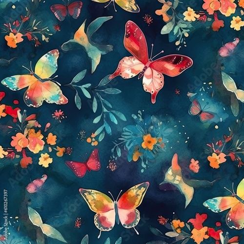 Watercolor pattern with butterflies, flowers and leaves. Aquamarine and crimson colors. Generative AI © Gelpi