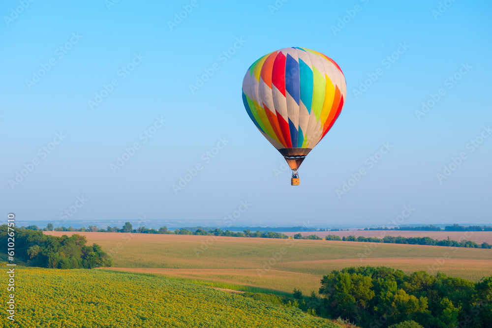 Obraz premium Hot air balloon is flying over the field with blooming sunflowers