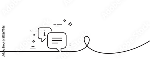Information line icon. Continuous one line with curl. Info speech bubble sign. Help inform symbol. Info single outline ribbon. Loop curve pattern. Vector